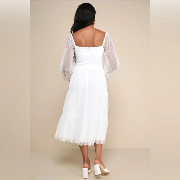 NWT Lulus White Long Sleeve Tiered Dress with Sheer Polka Dot Sleeves | Size XS - Picture 2 of 11